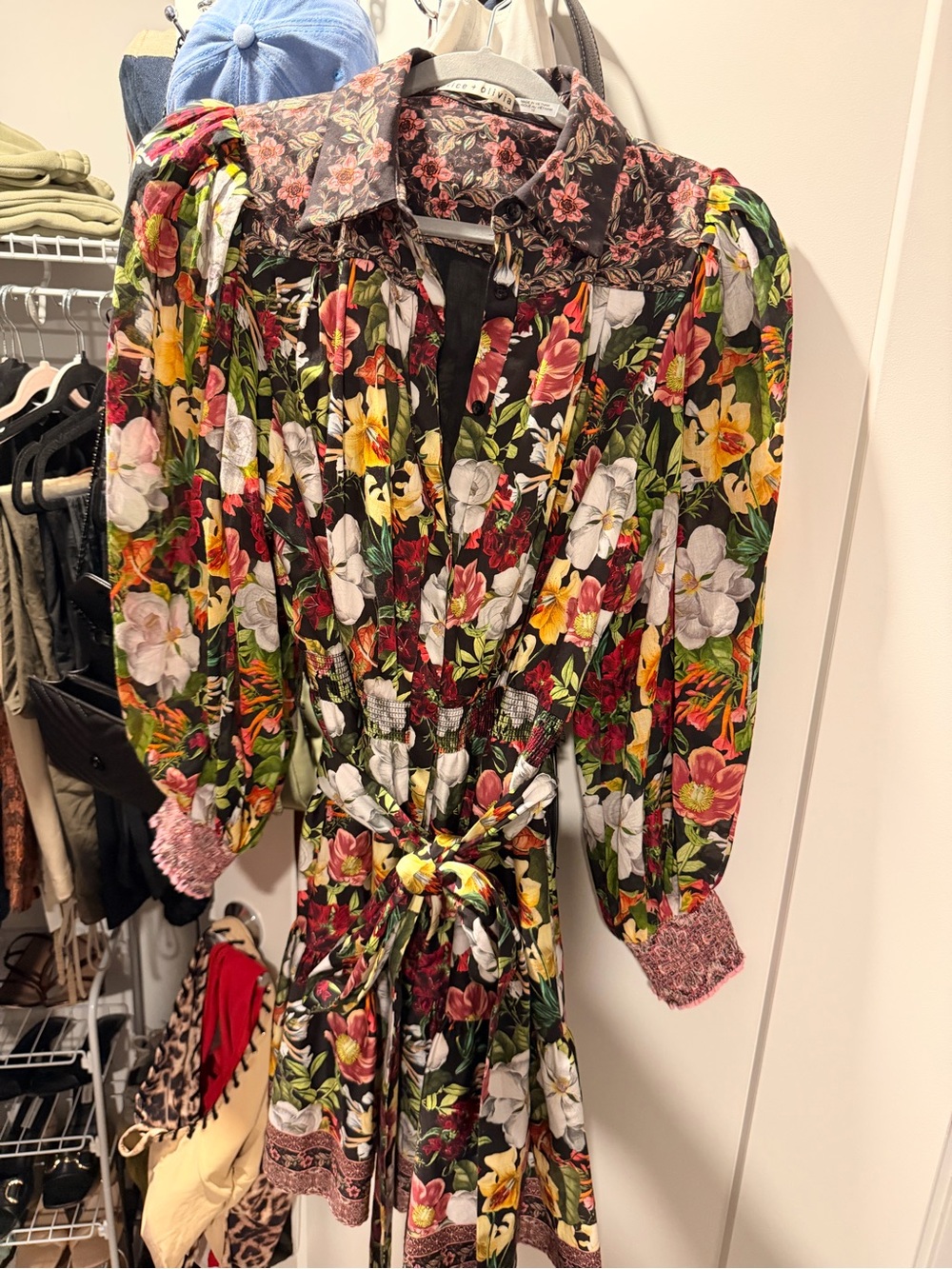 Alice + Olivia Floral Puff-Sleeve Midi Dress - Black, Green, Red, Yellow, White